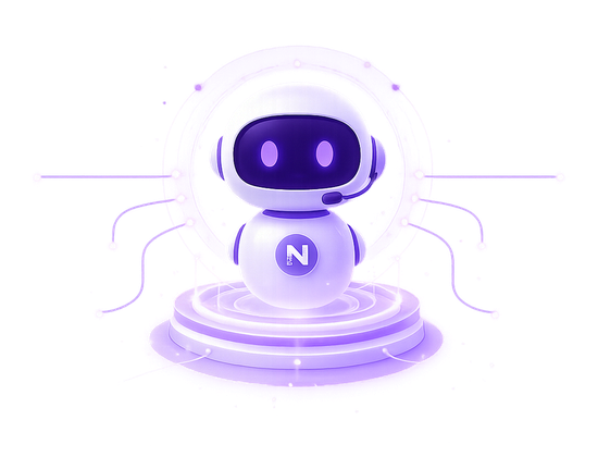 Illustration of the NU4 digital employee robot mascot on a glowing platform