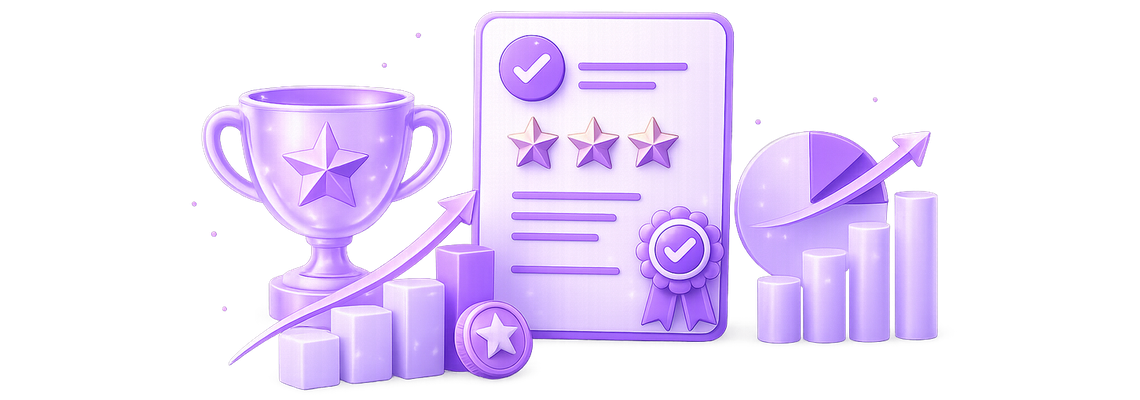 Illustration of a trophy, certificate and growth chart representing enterprise evidence
