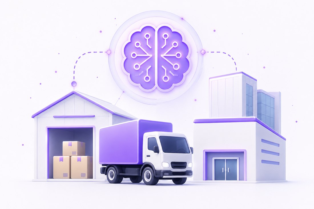 Illustration of a warehouse, delivery truck and retail building connected by an AI network