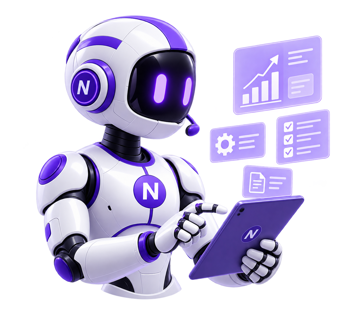 Illustration of the NU4 digital employee robot mascot on a glowing platform